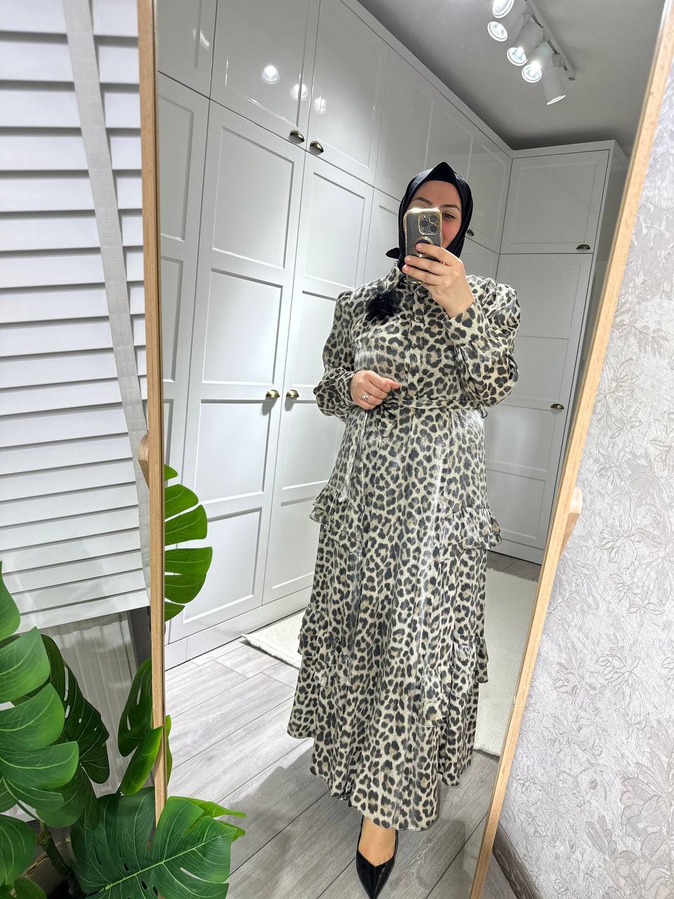 leopar saten elbise