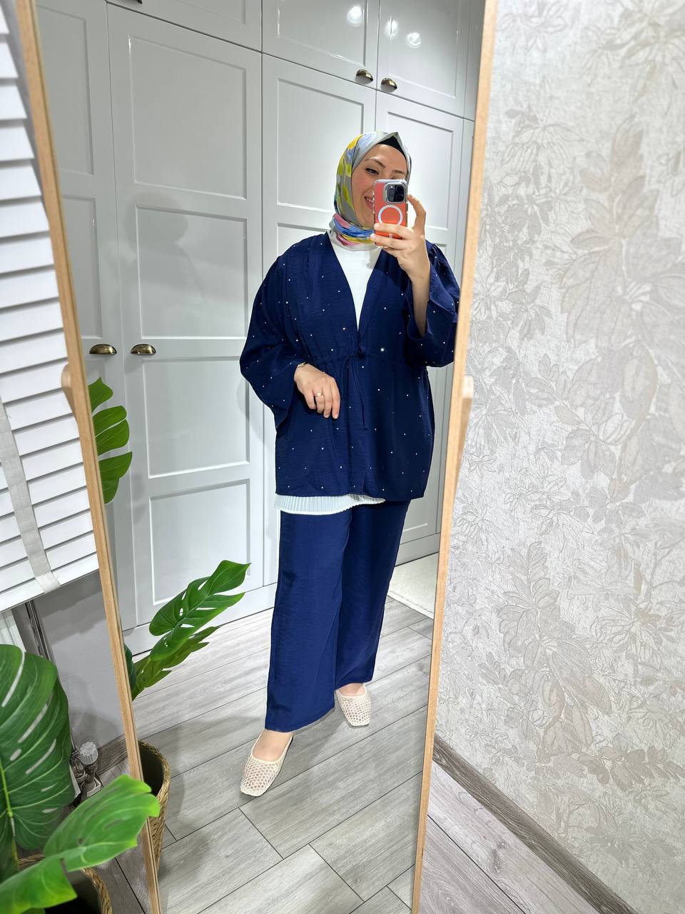 Lacivert taşlı kimono takım